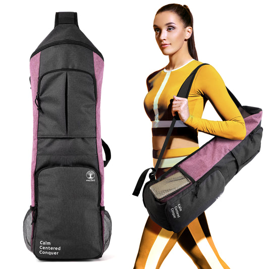 a fitness girl carrying warrior2 purple yoga sling bag white background