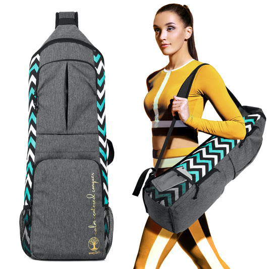 warrior2 auqa blue yoga mat backpack a girl in mustard color active wear carrying the bag
