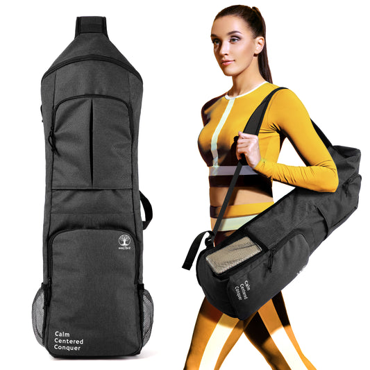 Girl in yellow activewear ponytail carrying a black yoga mat bag over one shoulder against a white background